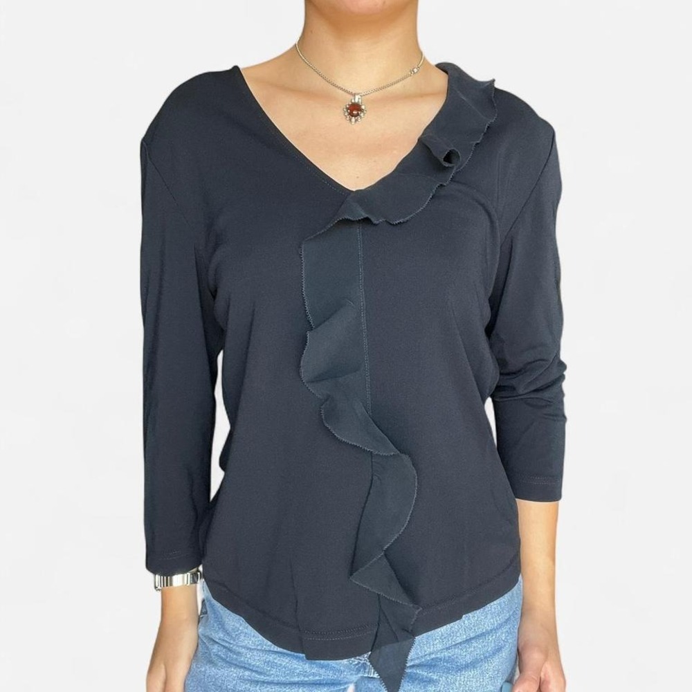 vintage slinky black 3/4 sleeve ruffle blouse